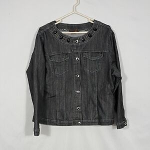 EUC Ashley Stewart Y2K Jean Jacket Women Size 16W Black Denim Rhinestone Trim